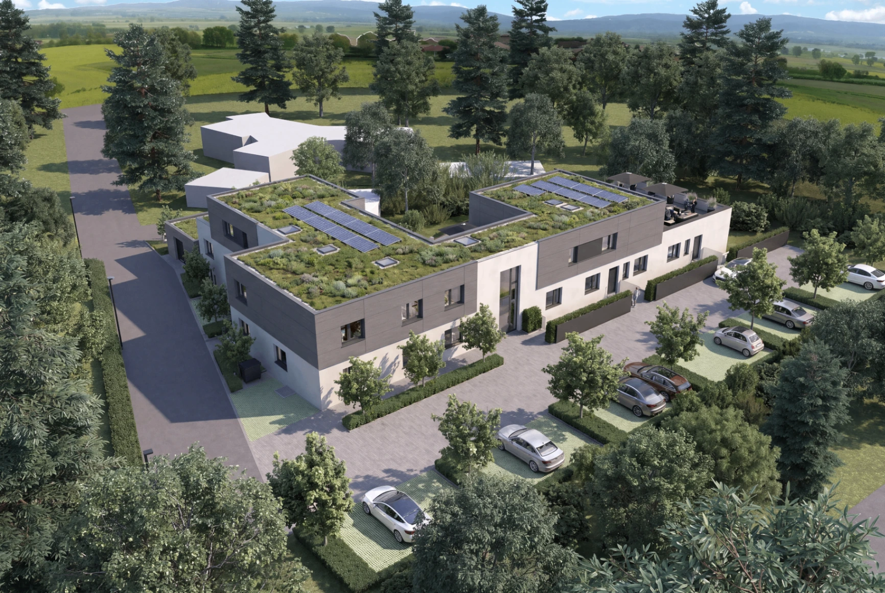 Wohnen am Schillerblick – Luftaufnahme des Neubauensembles am Ortsrand von Knittlingen